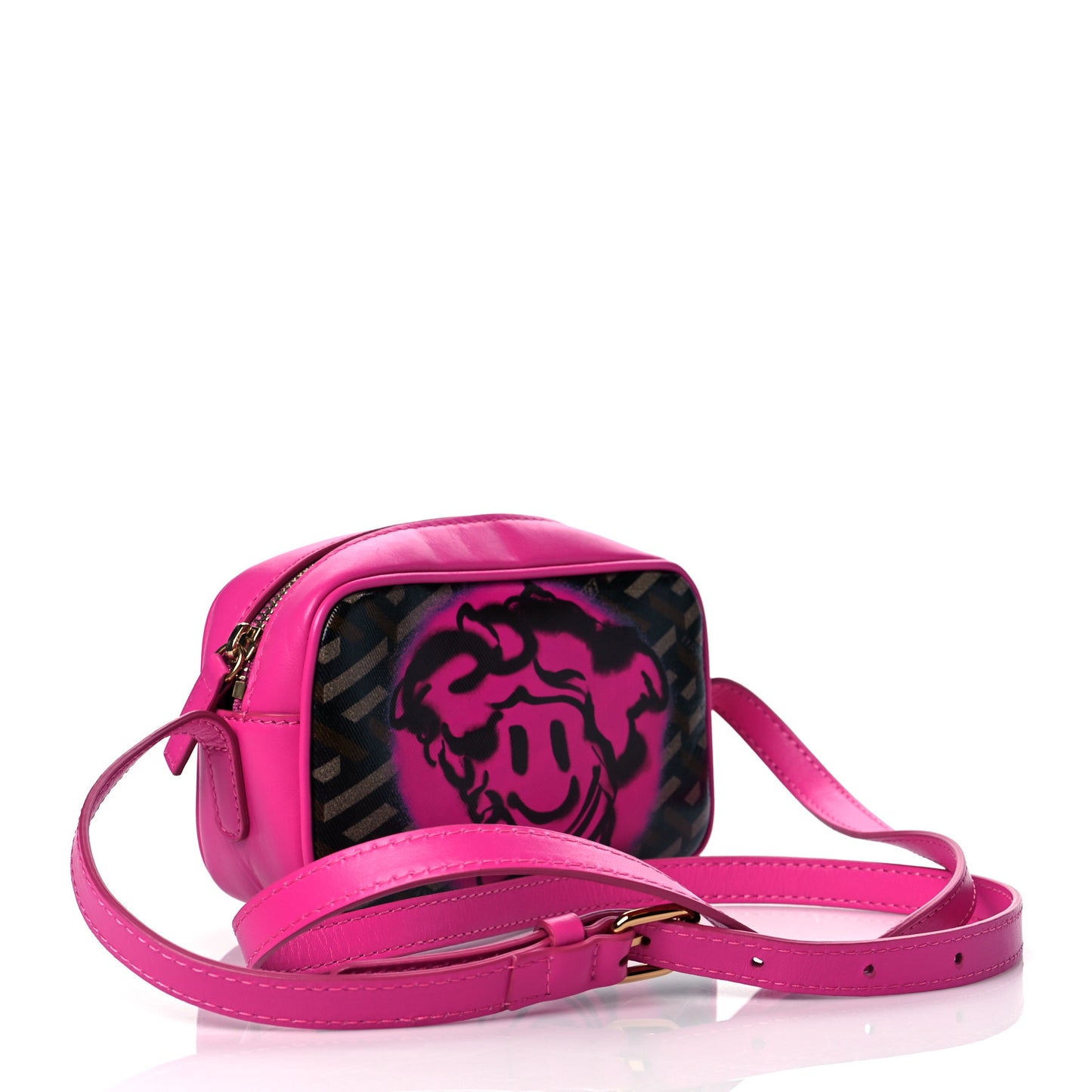 Coated Canvas Calfskin La Greca Emoji Crossbody Shoulder Bag Black Camel Deep Fuxia