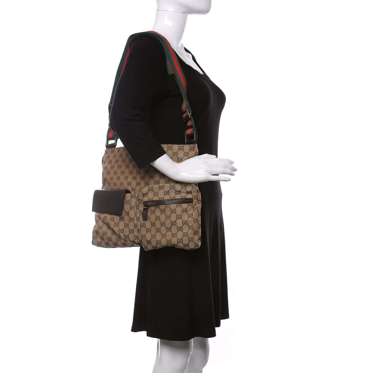 Gucci Monogram Web Medium Double Pocket Messenger Bag Dark Brown 2 of 11