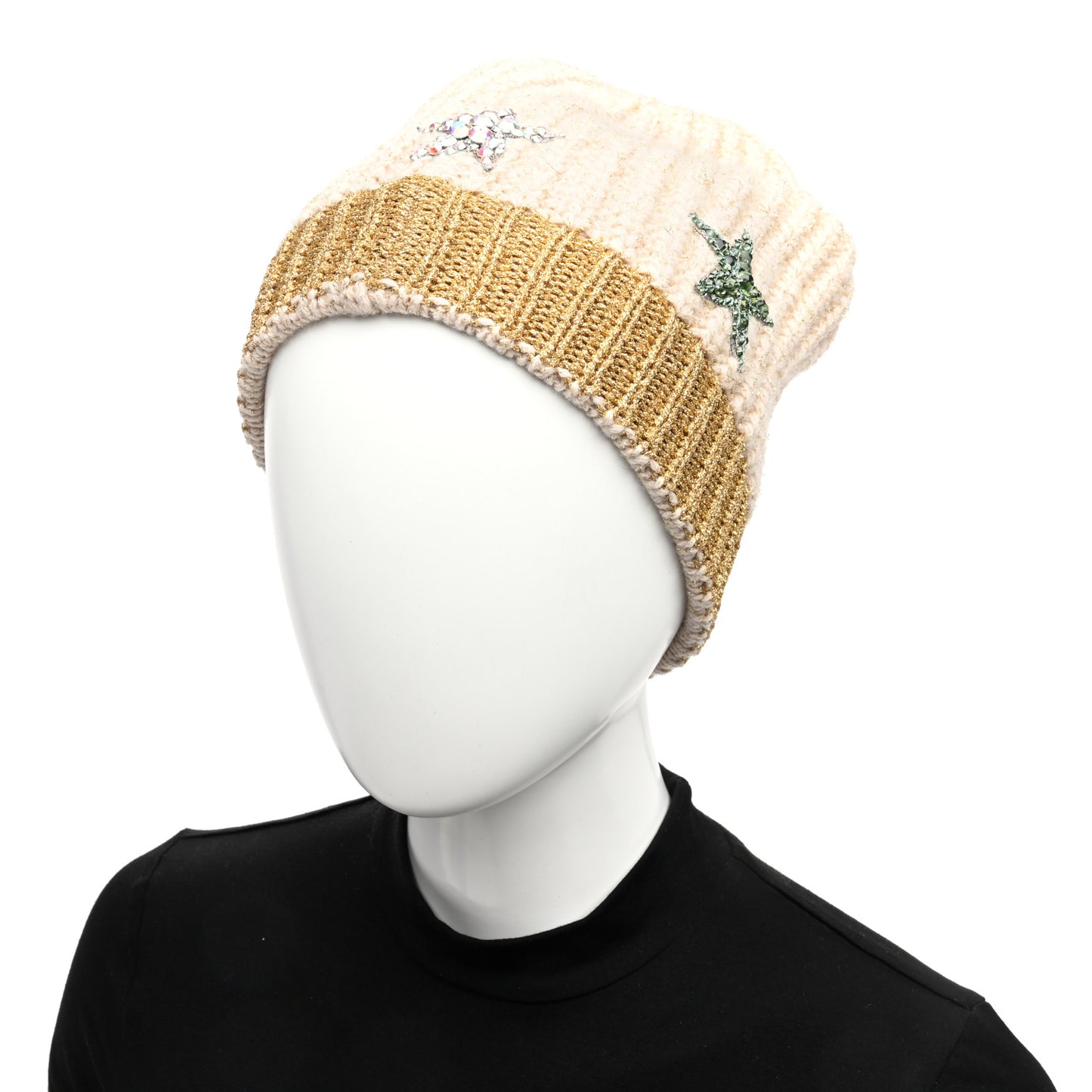 Metallic Knit Crystal Beanie Hat S White