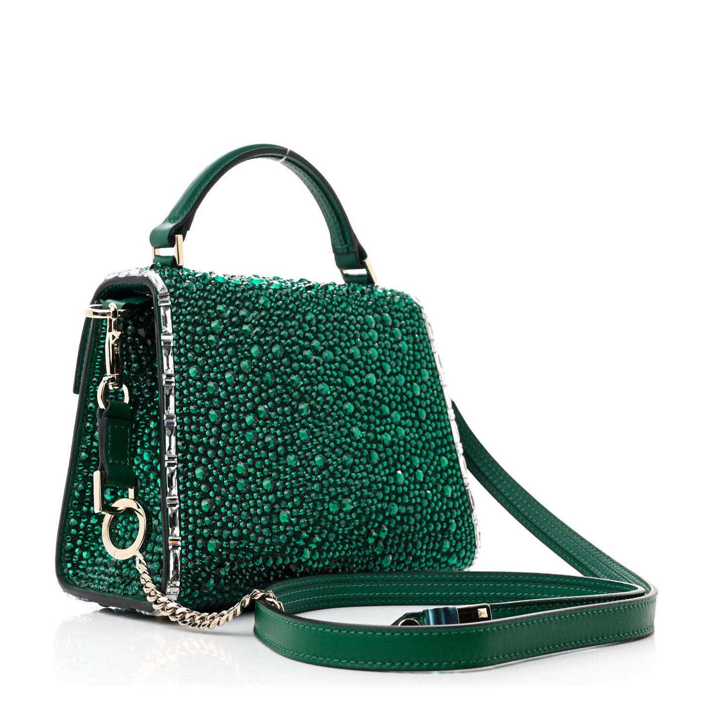Crystal Embroidered Mini Vsling Top Handle Bag Emerald Jungle