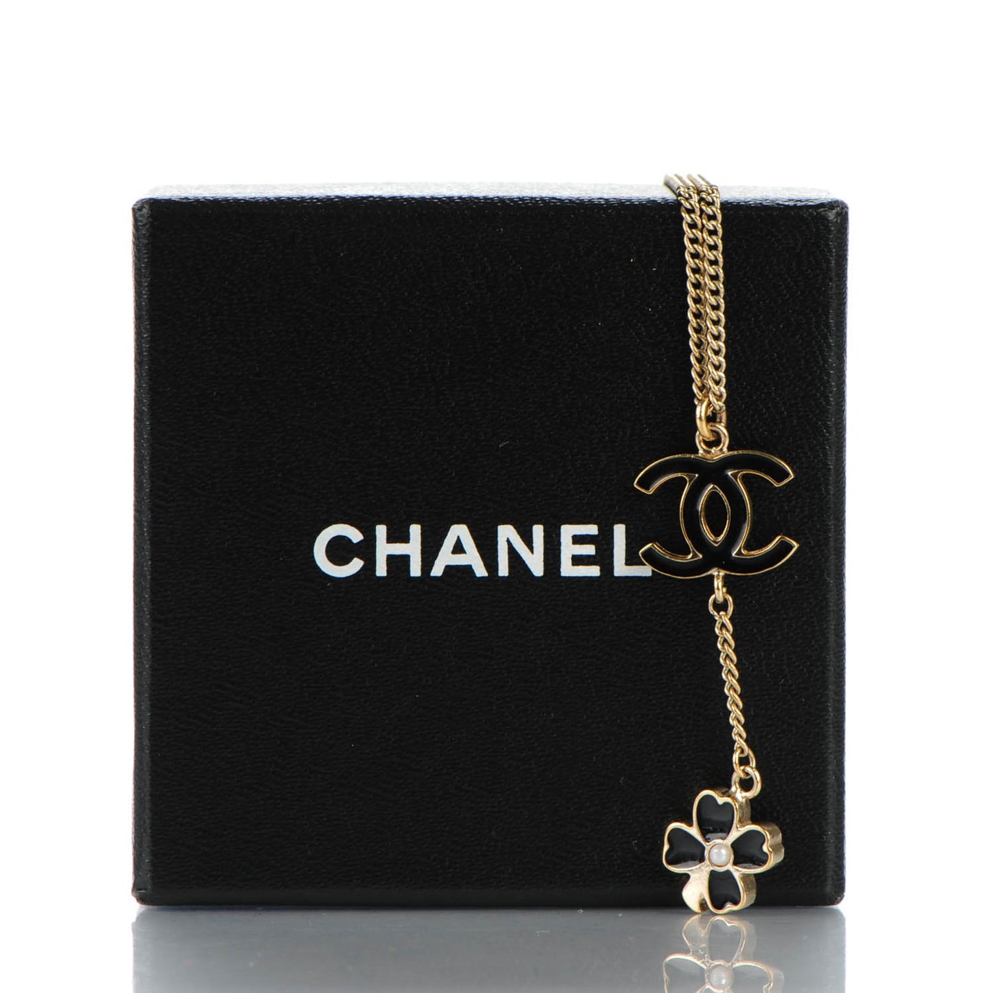 Enamel CC Camellia Flower Drop Necklace Black Gold