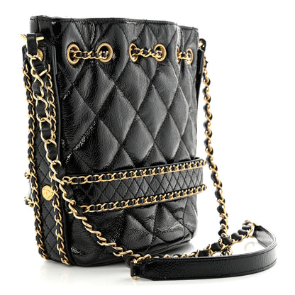Chanel Shiny Aged Calfskin Quilted Chain Bucket Drawstring Bag Black 3 of 11