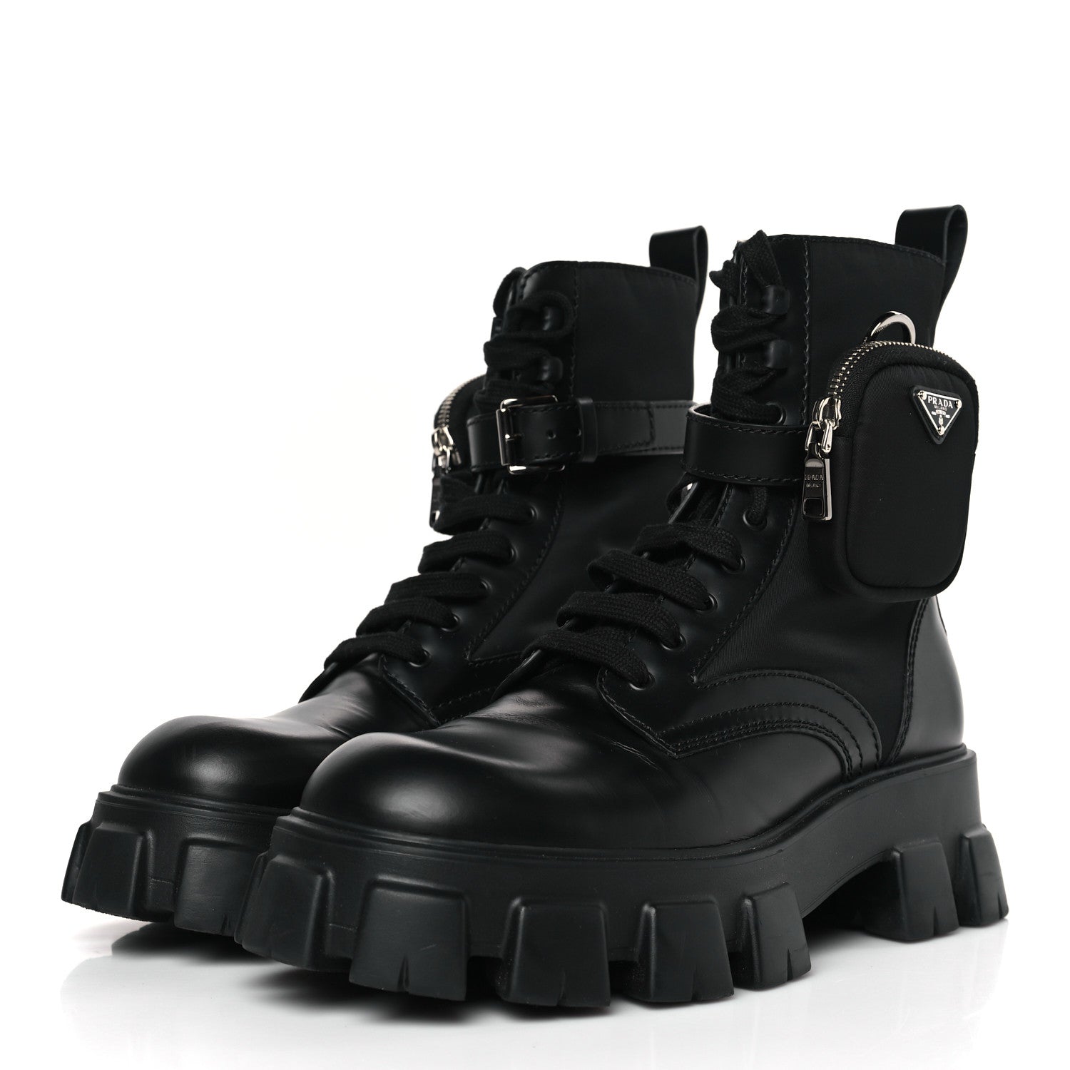 Prada Spazzolato Rois Re-Nylon Metal Triangle Logo Mens Monolith Pouch Pocket 60mm Combat Boots 9.5 Black 3 of 9
