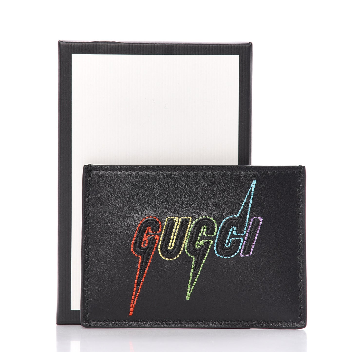 Calfskin Blade Embroidered Card Case Black
