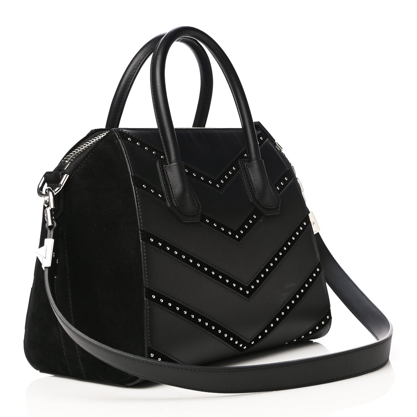Calfskin Suede Small Studded Chevron Antigona Black