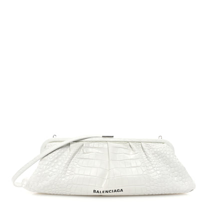 Balenciaga Shiny Supple Calfskin Logo Crocodile Embossed XL Cloud Clutch White 1 of 11