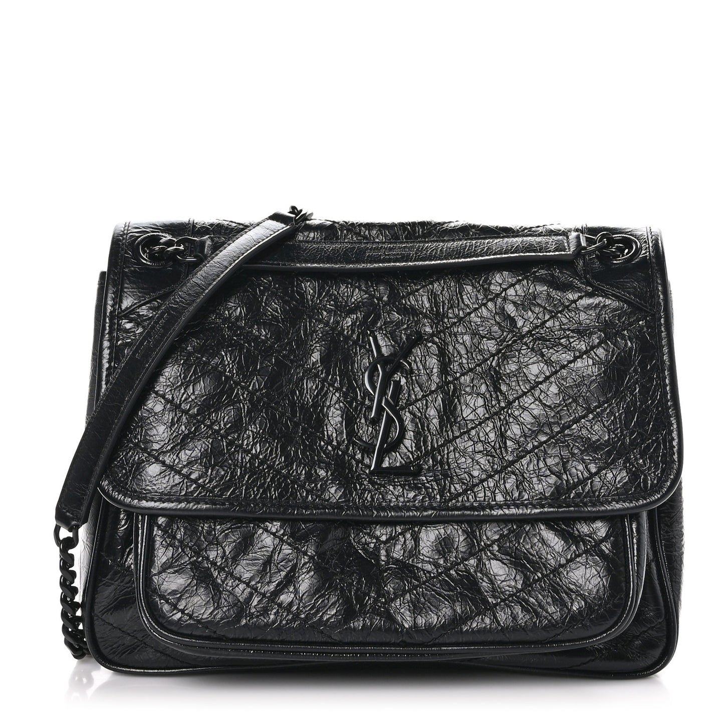 Crinkled Calfskin Matelasse Monogram Medium Niki Chain Satchel Black