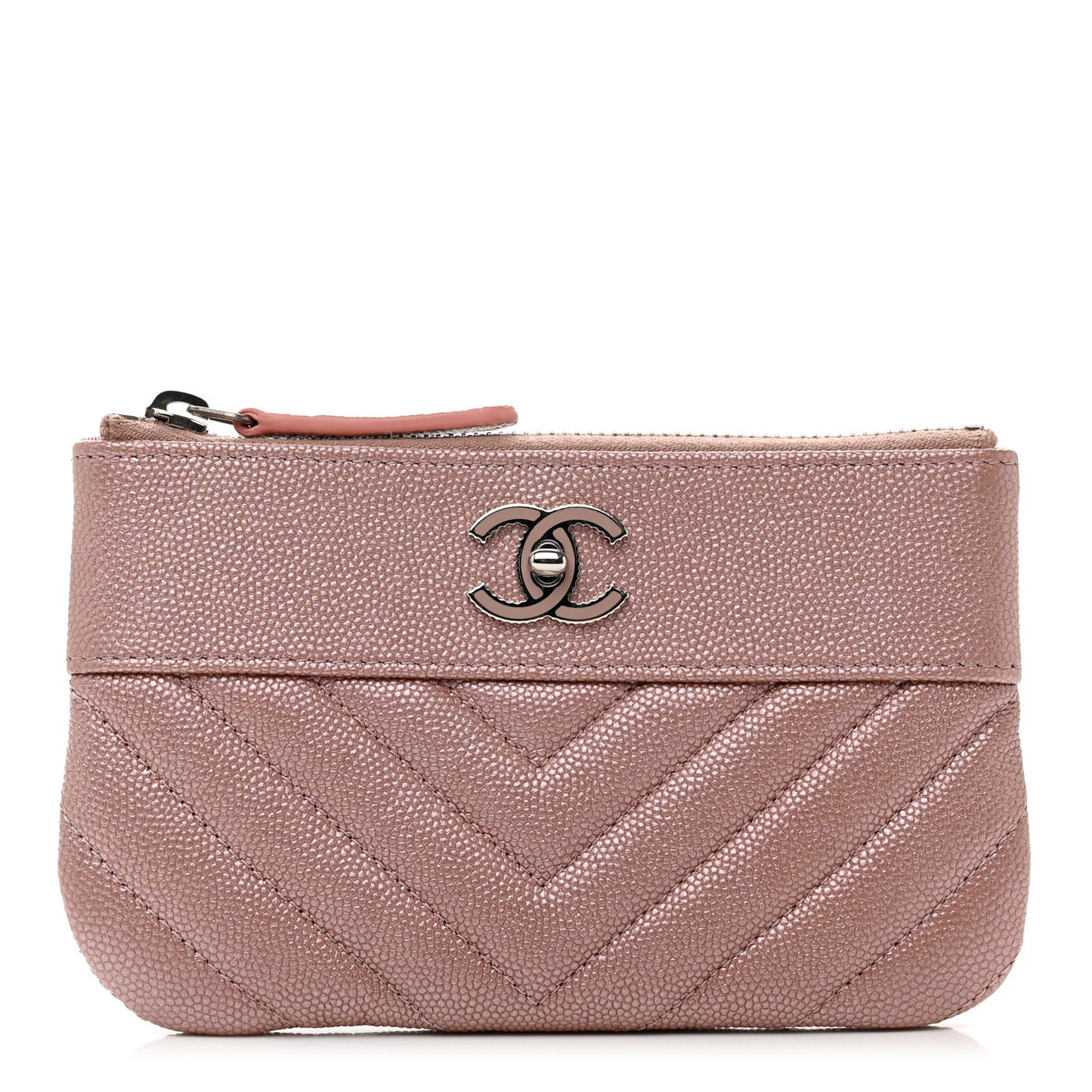Metallic Caviar Chevron Quilted Small Vintage Mademoiselle Cosmetic Case Pink