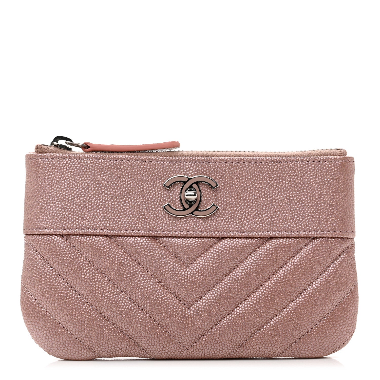 Chanel Metallic Caviar Chevron Quilted Small Vintage Mademoiselle Cosmetic Case Pink 1 of 8