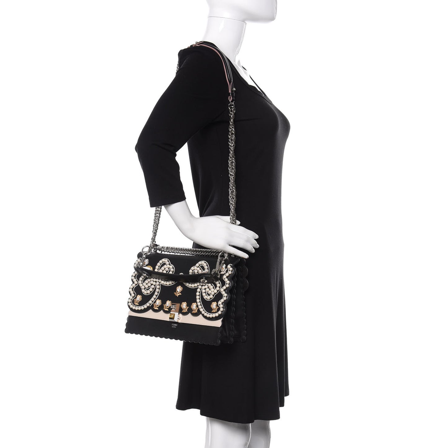Vitello Liberty Pearl Bi-Color Flowers and Bows Scalloped Studded Kan I Shoulder Bag Black Camelia