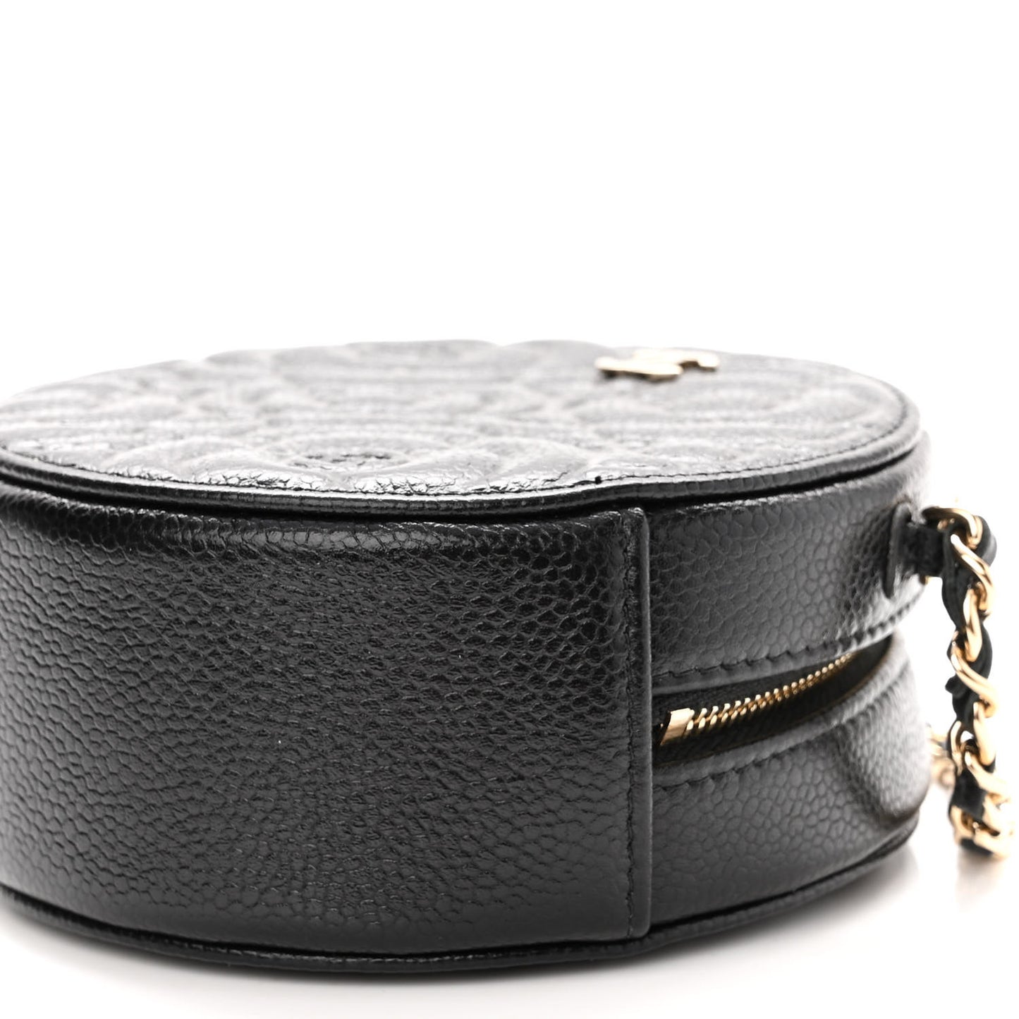 Caviar Camellia Embossed Round Clutch With Chain Black