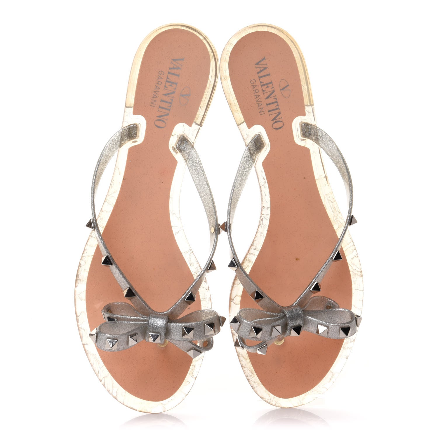 Valentino Garavani PVC Jelly Glitter Rockstud Bow Thong Sandals 41 Silver 5 of 9