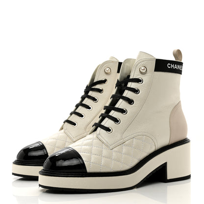 Chanel Pearly Calfskin Patent Calfskin Quilted Lace Up Boots 39 White Light Gray Black 3 of 9