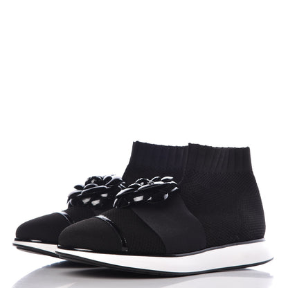 Chanel Knit Patent Calfskin Womens High Top Camellia Sneakers 40 Black 3 of 9