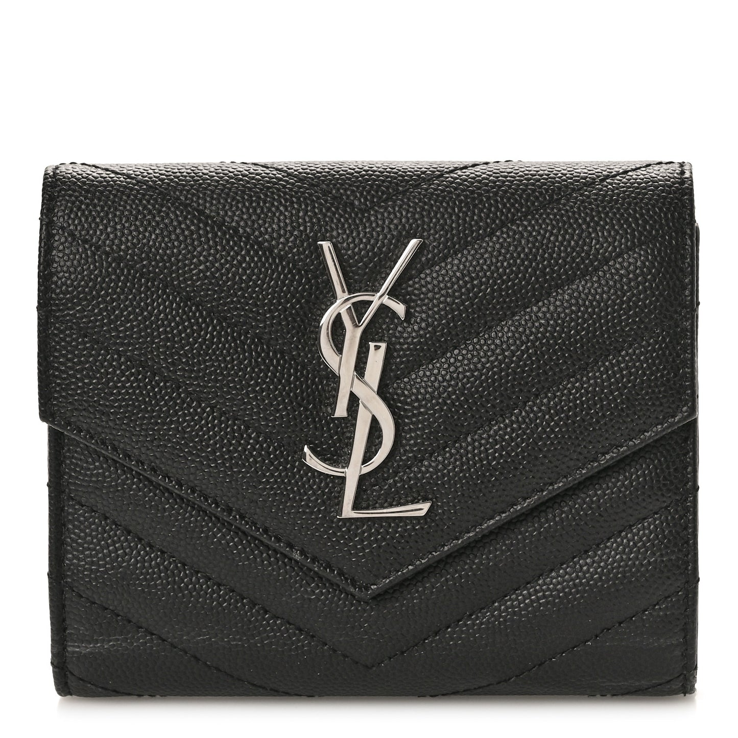 Grain De Poudre Matelasse Chevron Monogram Compact Tri Fold Wallet Black
