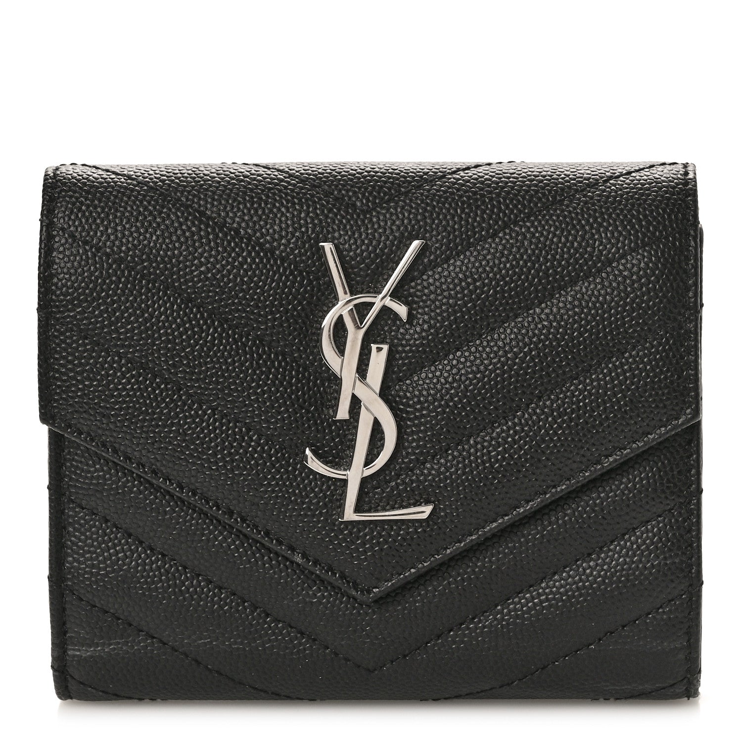 Saint Laurent Grain De Poudre Matelasse Chevron Monogram Compact Tri Fold Wallet Black 1 of 8