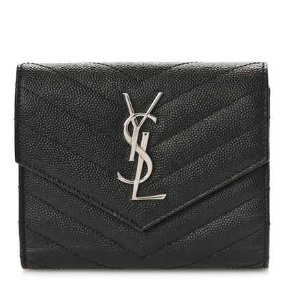 Saint Laurent Grain De Poudre Matelasse Chevron Monogram Compact Tri Fold Wallet Black 1 of 8