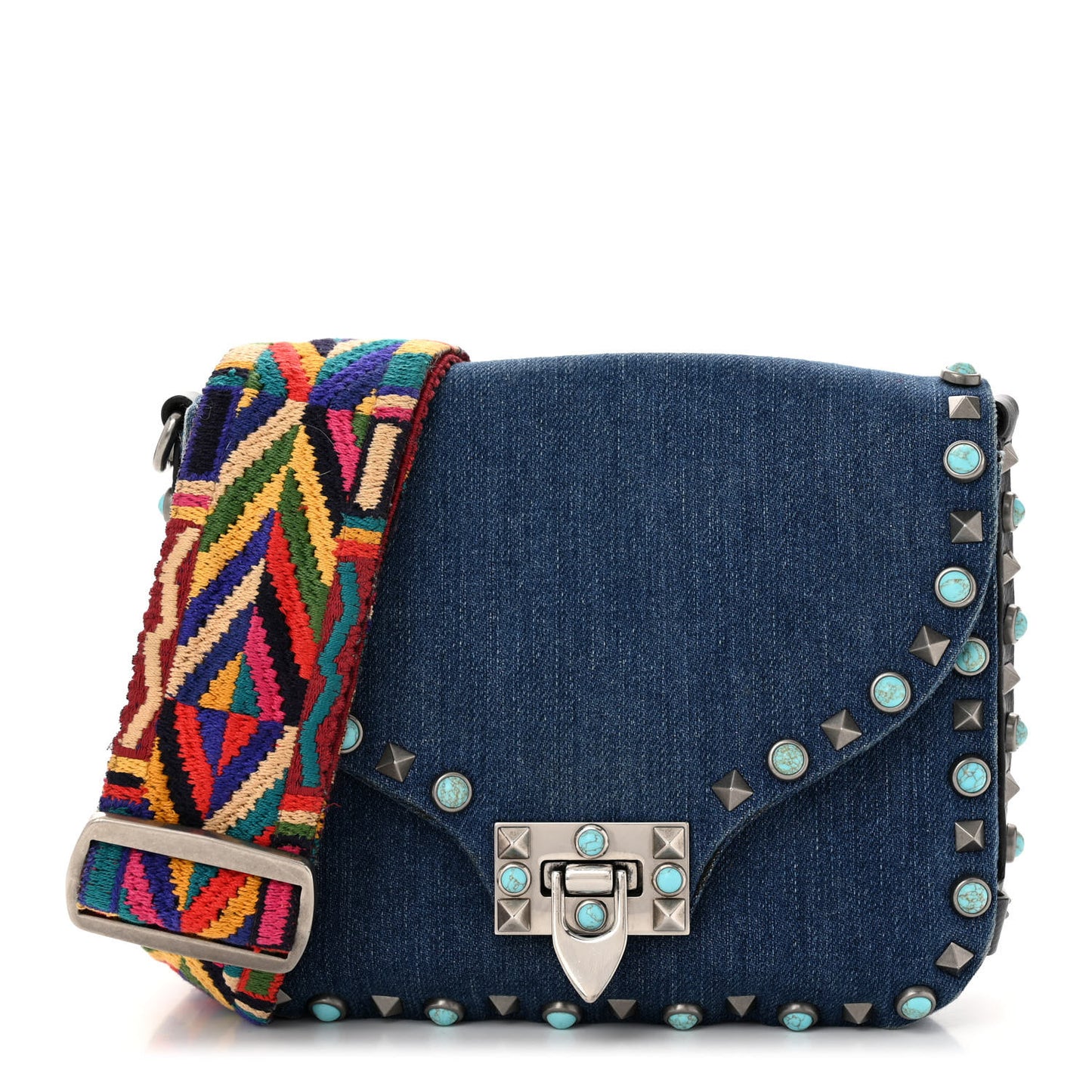 Denim Guitar Strap Rockstud Rolling Shoulder Flap Messenger Bag
