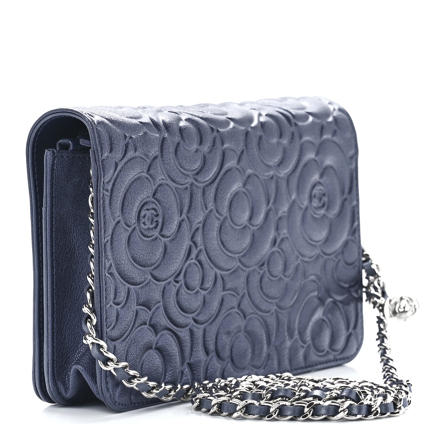 Chanel Goatskin Camellia Embossed Wallet On Chain WOC Blue 3 of 12