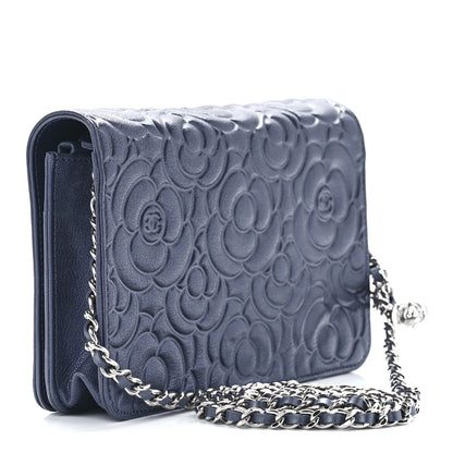 Chanel Goatskin Camellia Embossed Wallet On Chain WOC Blue 3 of 12