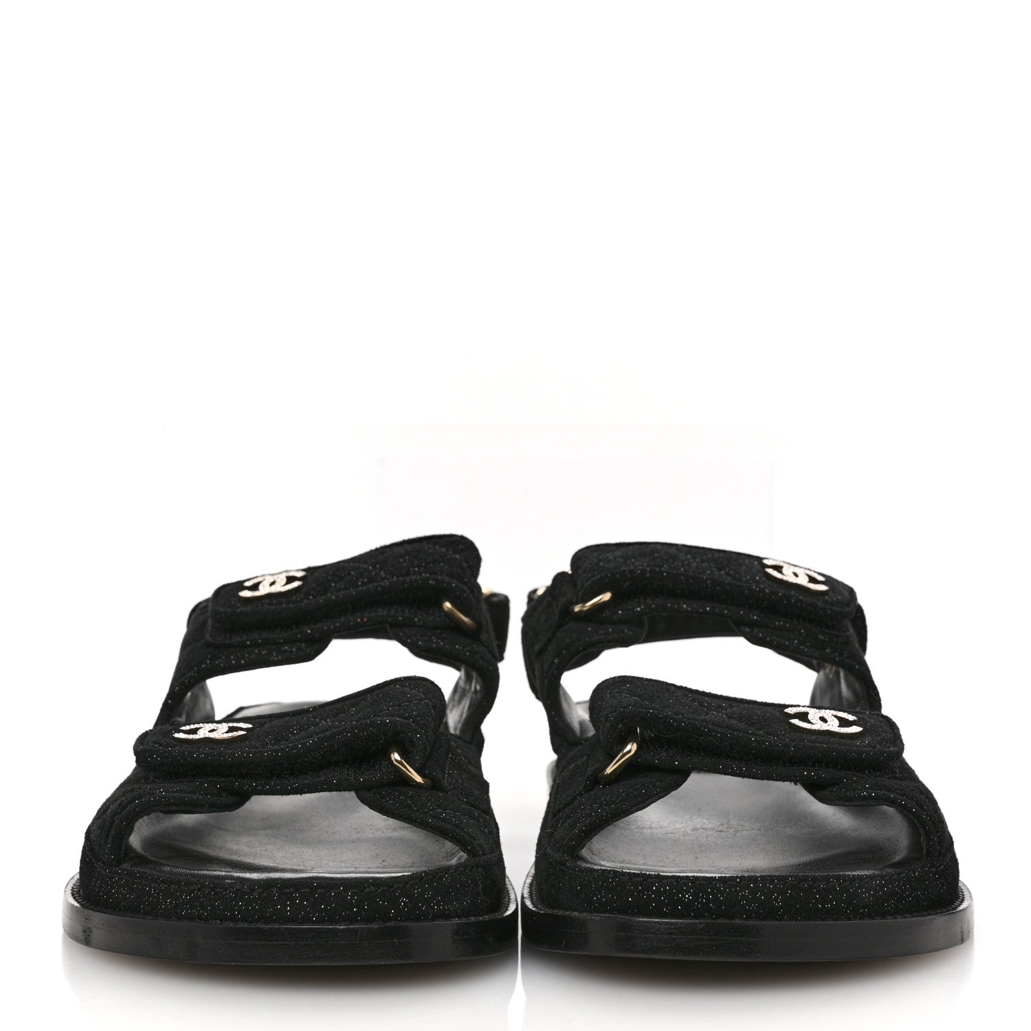 Chanel Suede Kidskin Glitter Crystal Velcro Dad Sandals 38 Black