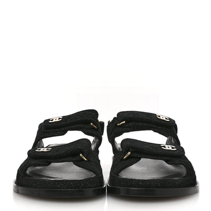 Chanel Suede Kidskin Glitter Crystal Velcro Dad Sandals 38 Black Silver 3 of 9