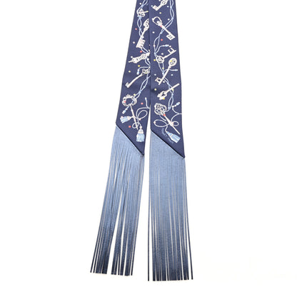 Hermes Silk Metallic Agneau Les Cles A Pois Fringed Twilly Bleu Marine Gris Argent Multicolor 2 of 3