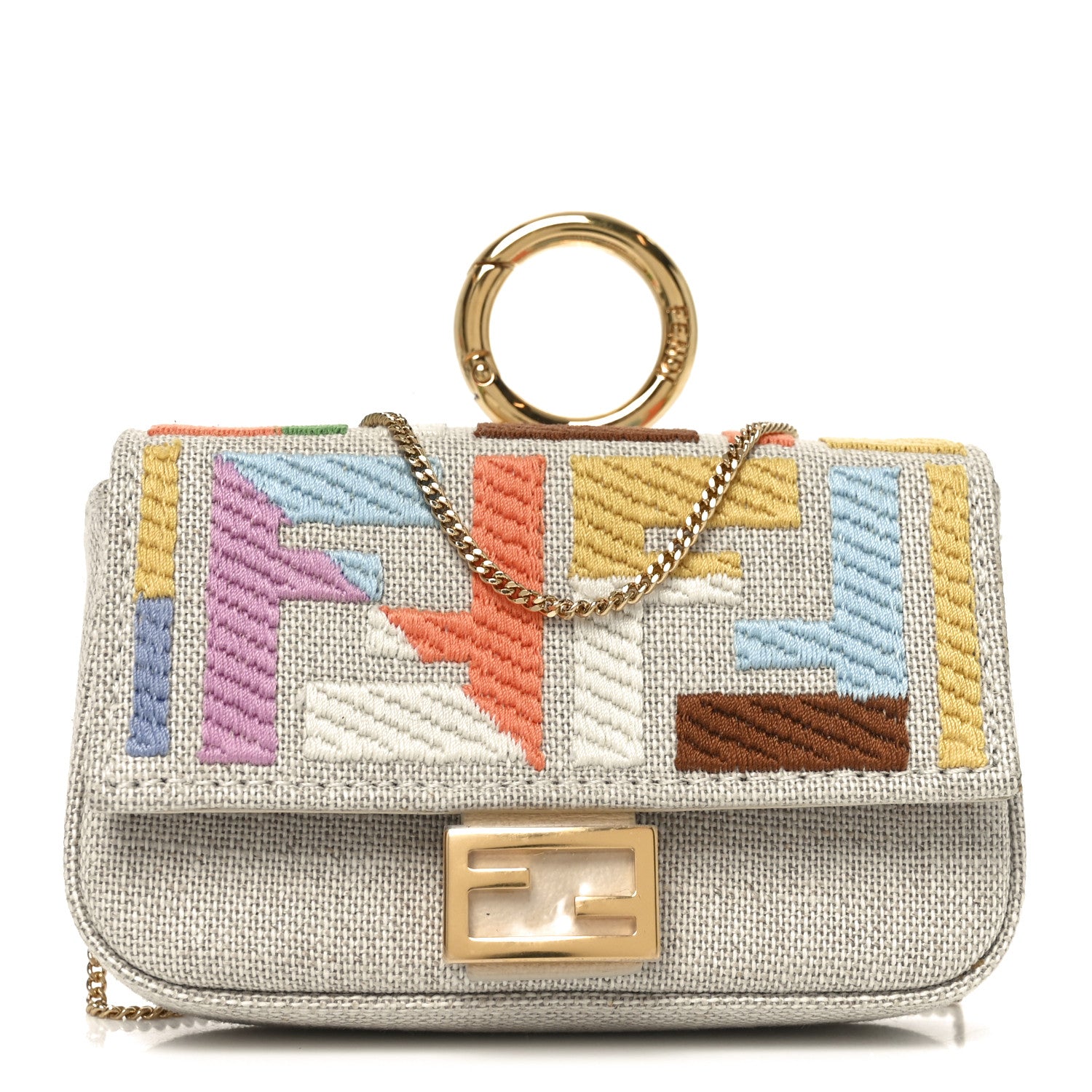 Fendi Kuban Canvas FF Embroidered Nano Baguette Charm Grezzo Multicolor 1 of 17