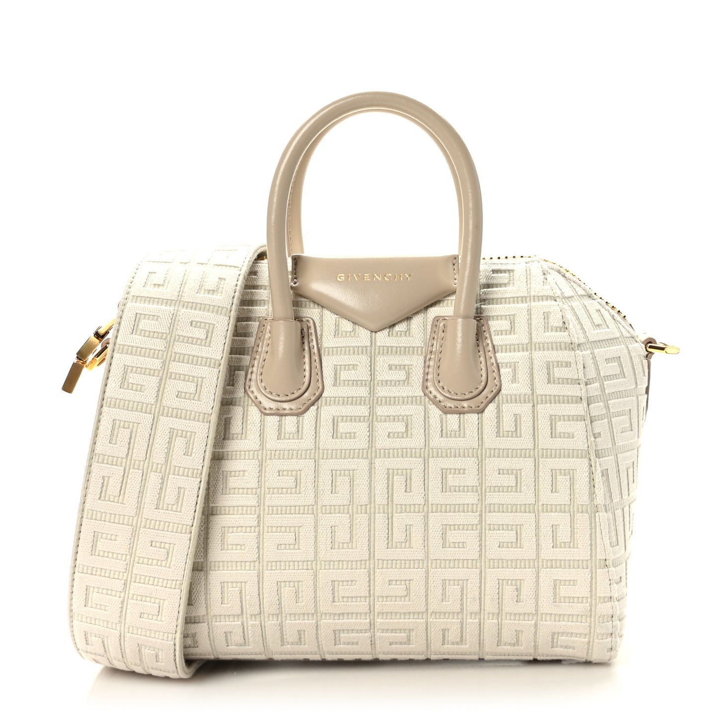 Canvas Jacquard Embroidered Calfskin 4G Mini Antigona Natural Beige