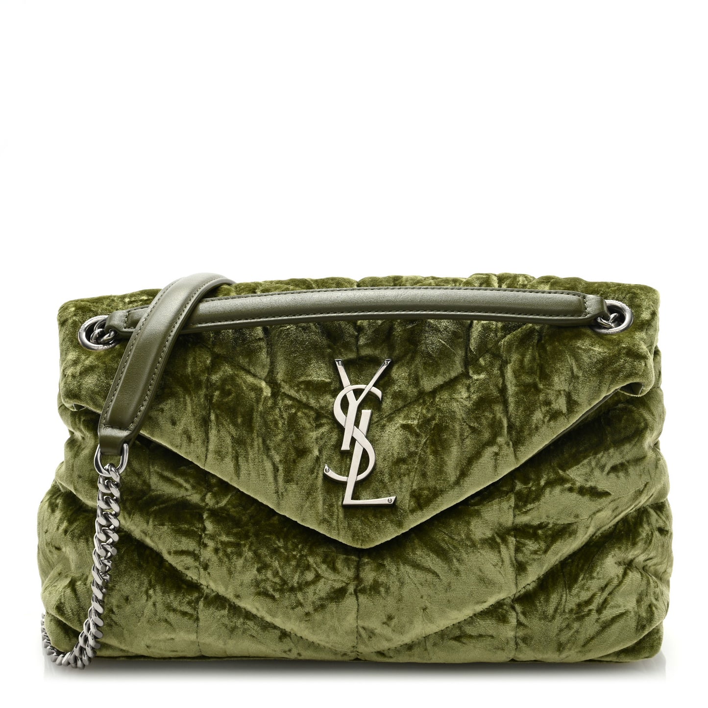 Crushed Velvet Quilted Small Loulou Puffer Monogram Chain Satchel Green