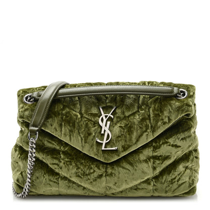 Saint Laurent Crushed Velvet Quilted Small Loulou Puffer Monogram Chain Satchel Green 1 of 8