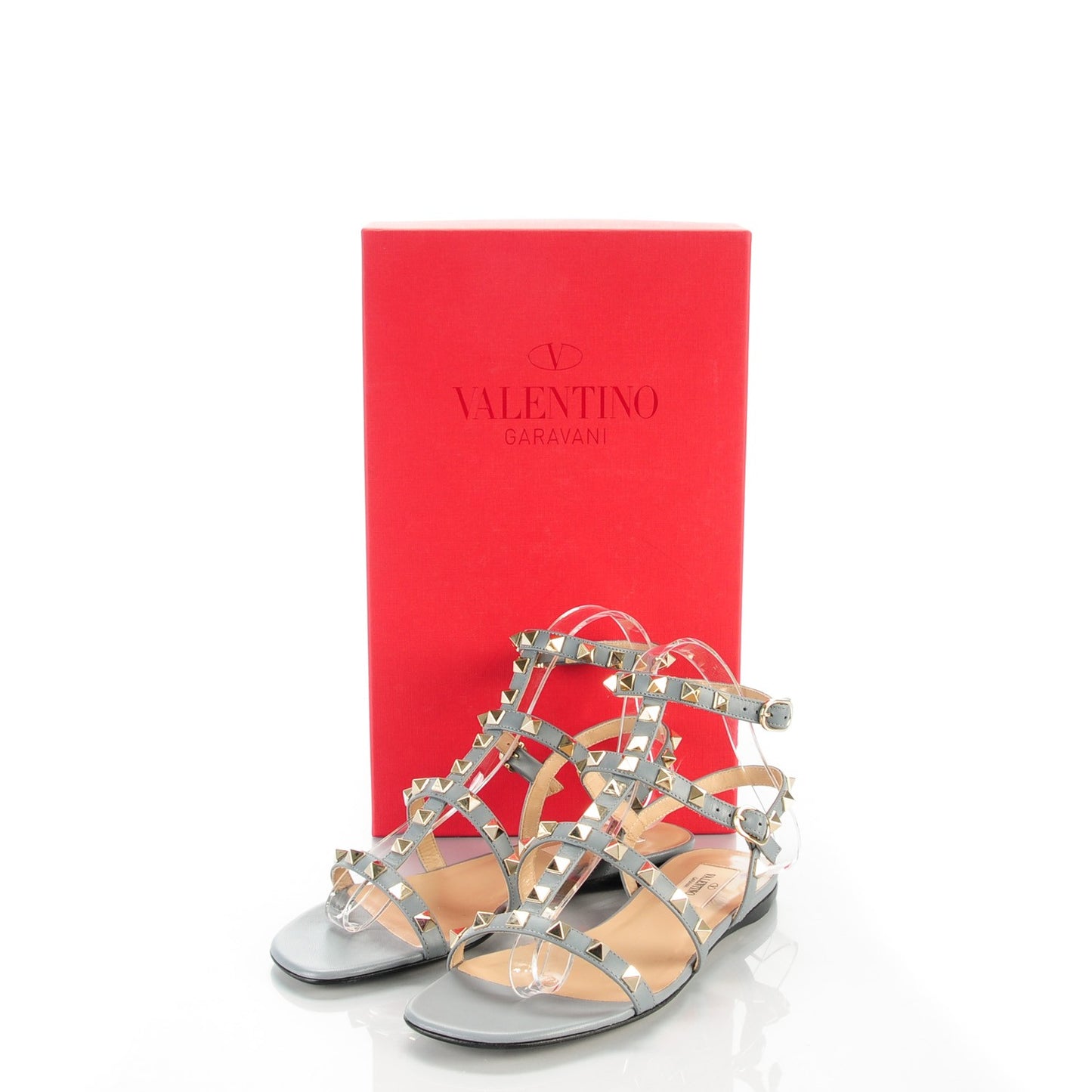 Calfskin Rockstud Gladiator Flat Sandals 36.5 Light Stone
