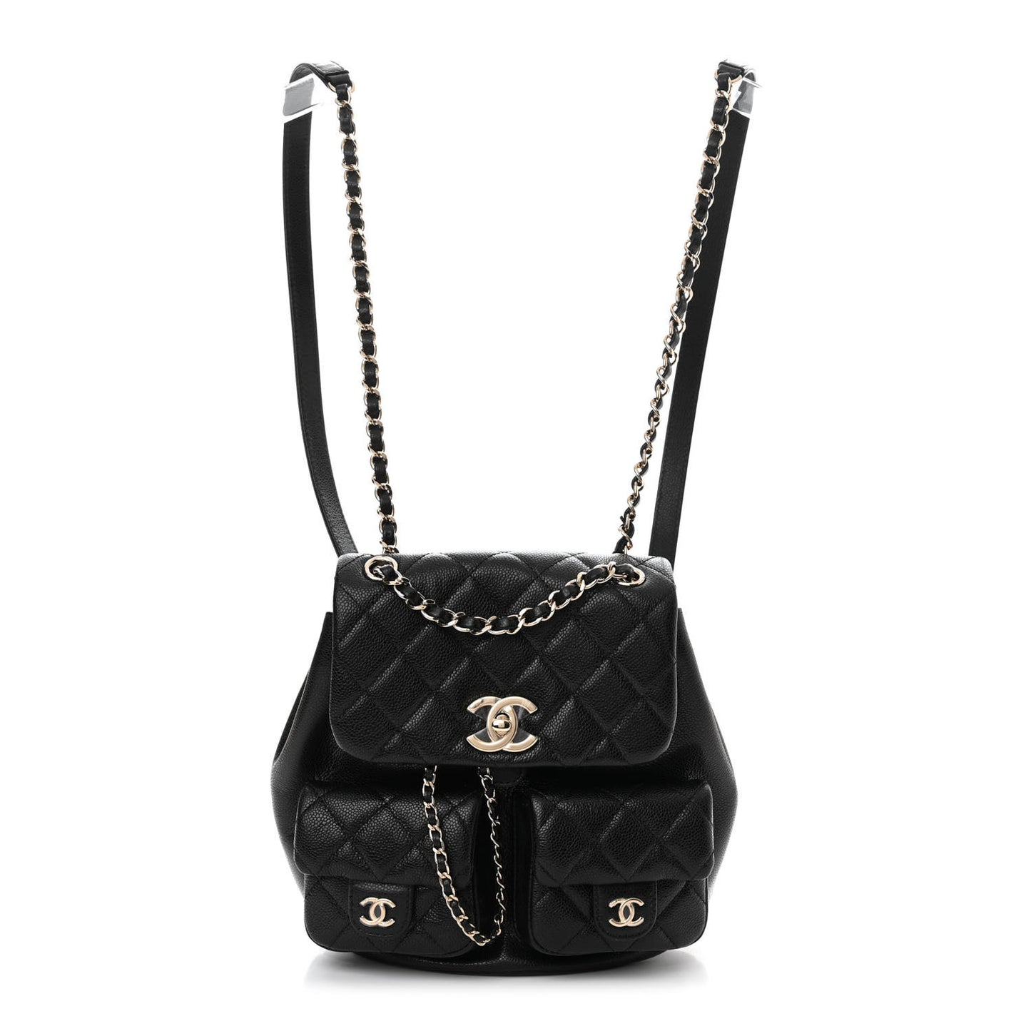 Shiny Caviar Quilted Medium Duma Pockets Drawstring Backpack Black