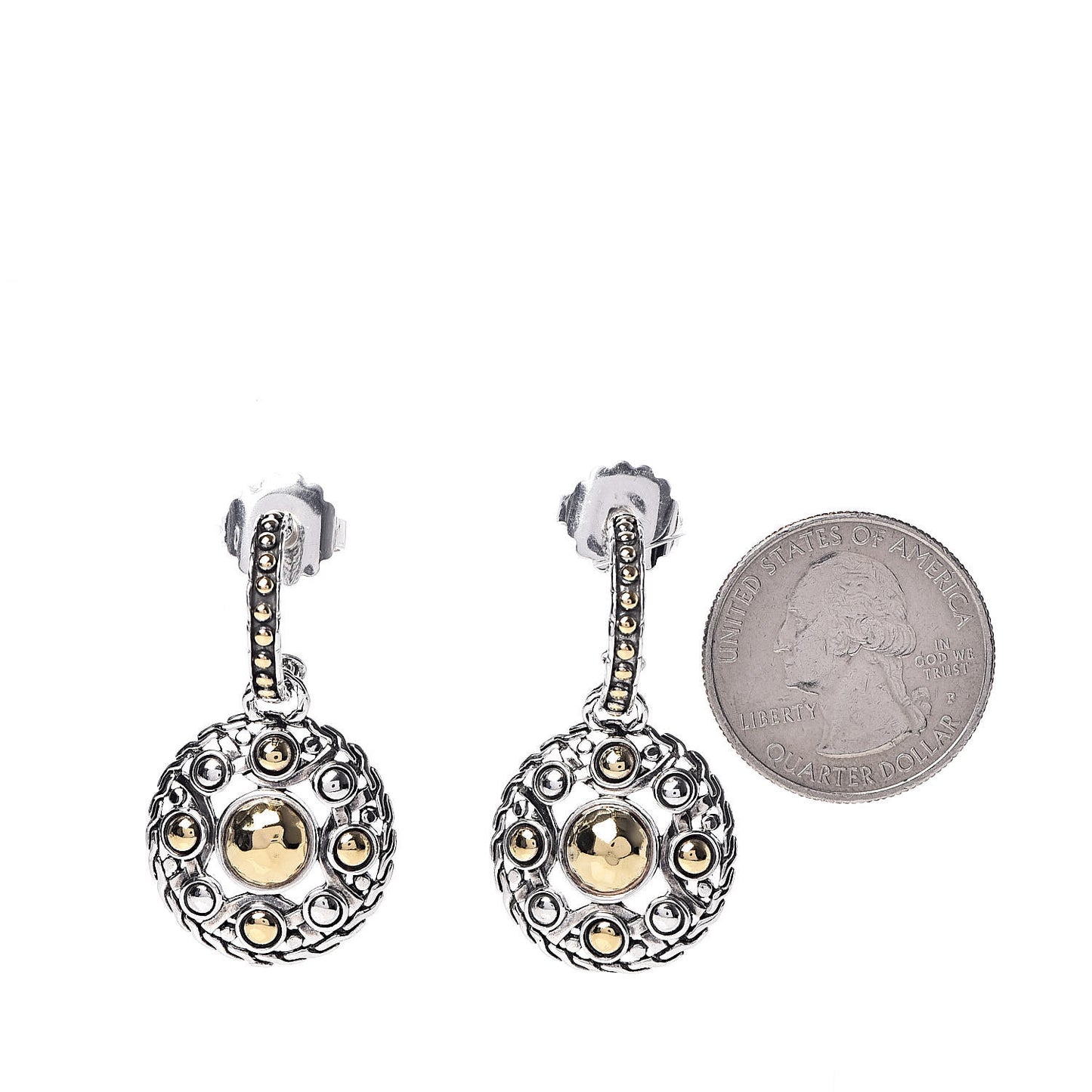 Sterling Silver 22K Yellow Gold Hammered Dot Drop Earrings