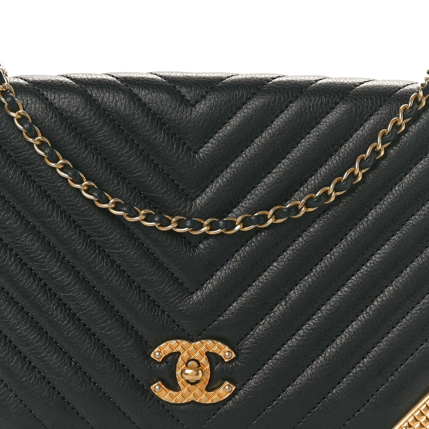 Calfskin Chevron Quilted Rock The Corner Clutch With Chain Black