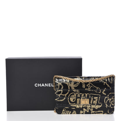 Chanel Calfskin Crocodile Embossed Graffiti 2.55 Cocodile Reissue Wallet On Chain WOC Black Gold 12 of 12