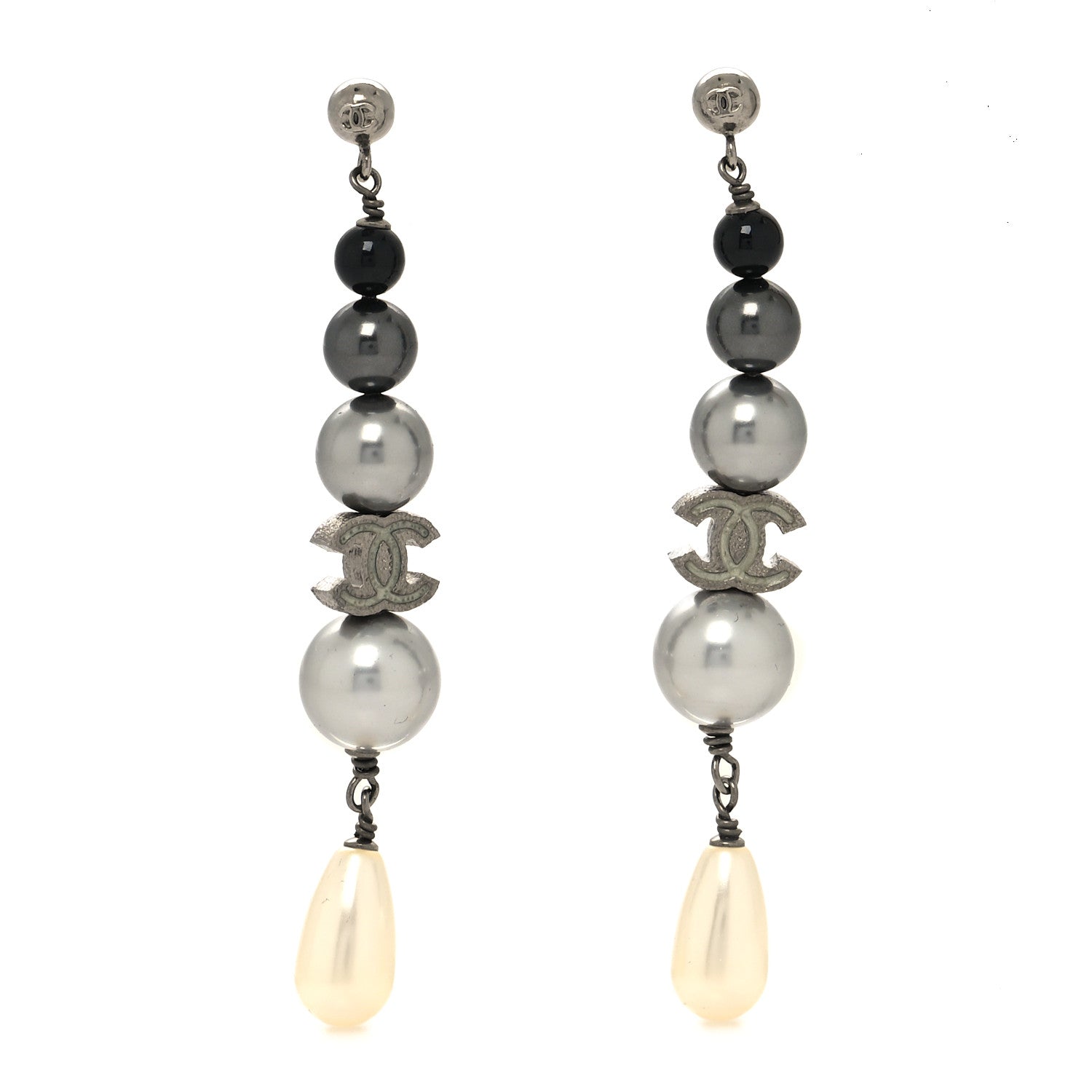 Chanel Ruthenium Pearl CC Drop Earrings Grey 1 of 3