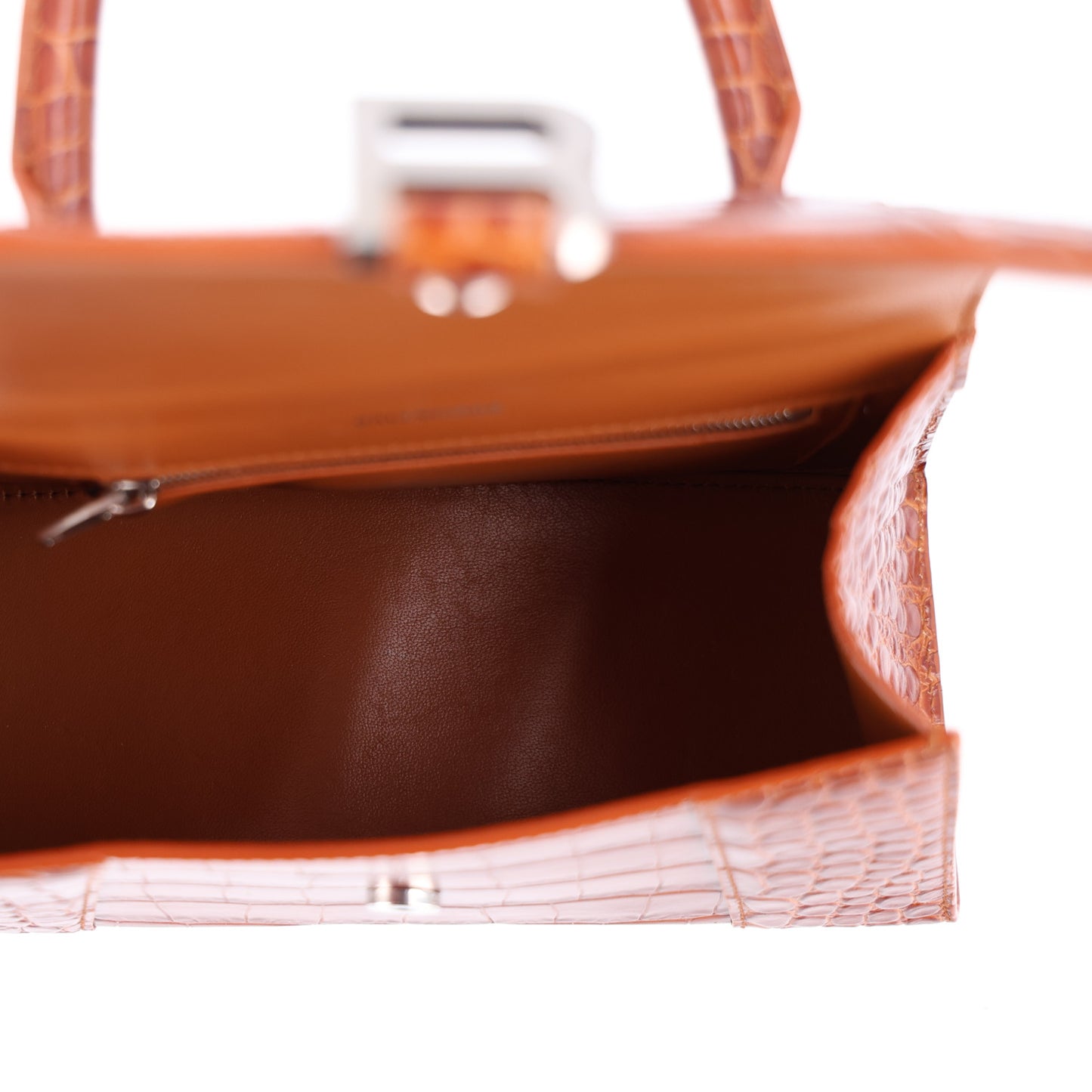 Shiny Calfskin Crocodile Embossed Small Hourglass Top Handle Bag Camel