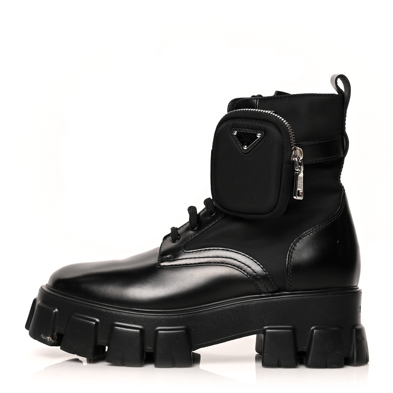 Prada Spazzolato Rois Nylon Metal Triangle Logo Monolith Pouch Pocket 55mm Boots 40 Black 1 of 9
