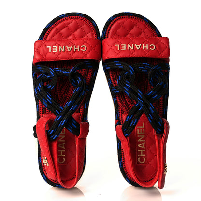 Chanel Cord Lambskin Quilted Logo Sandals 37 Red Blue 5 of 10