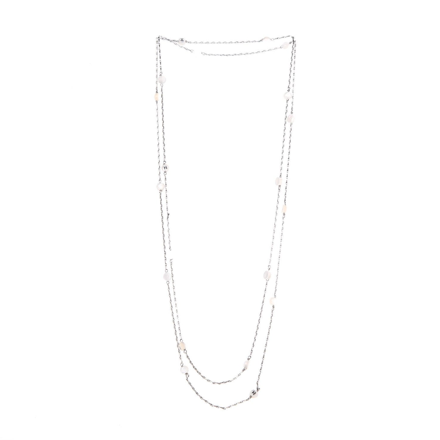 Pearl Beaded CC Long Necklace Silver