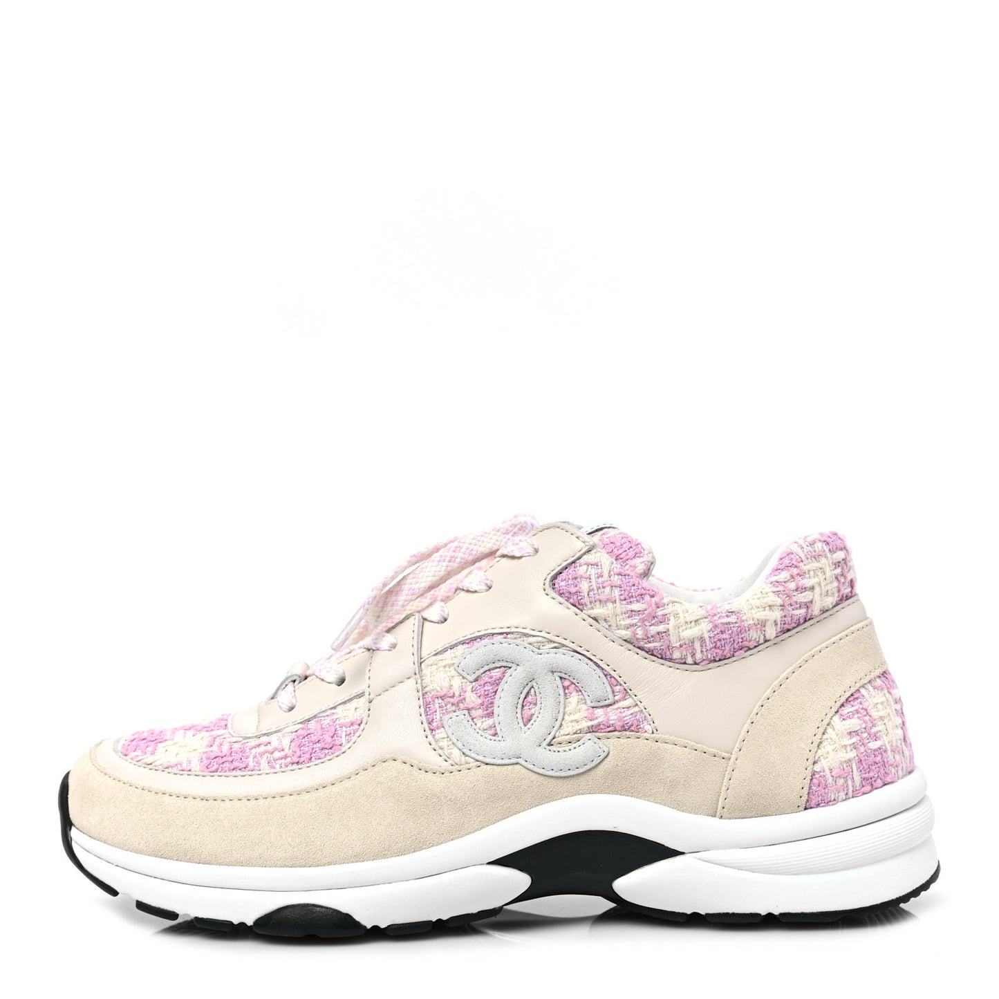 Tweed Suede Calfskin Womens CC Sneakers 38.5 Pink Ecru