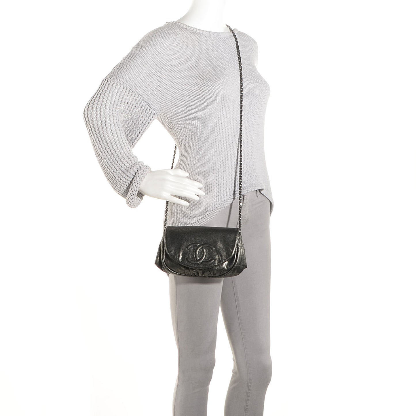 Metallic Caviar Half Moon Wallet On Chain WOC Dark Silver