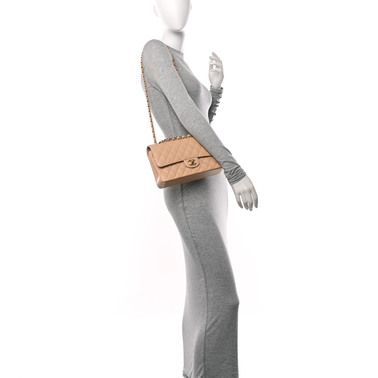 Caviar Quilted Medium Double Flap Beige