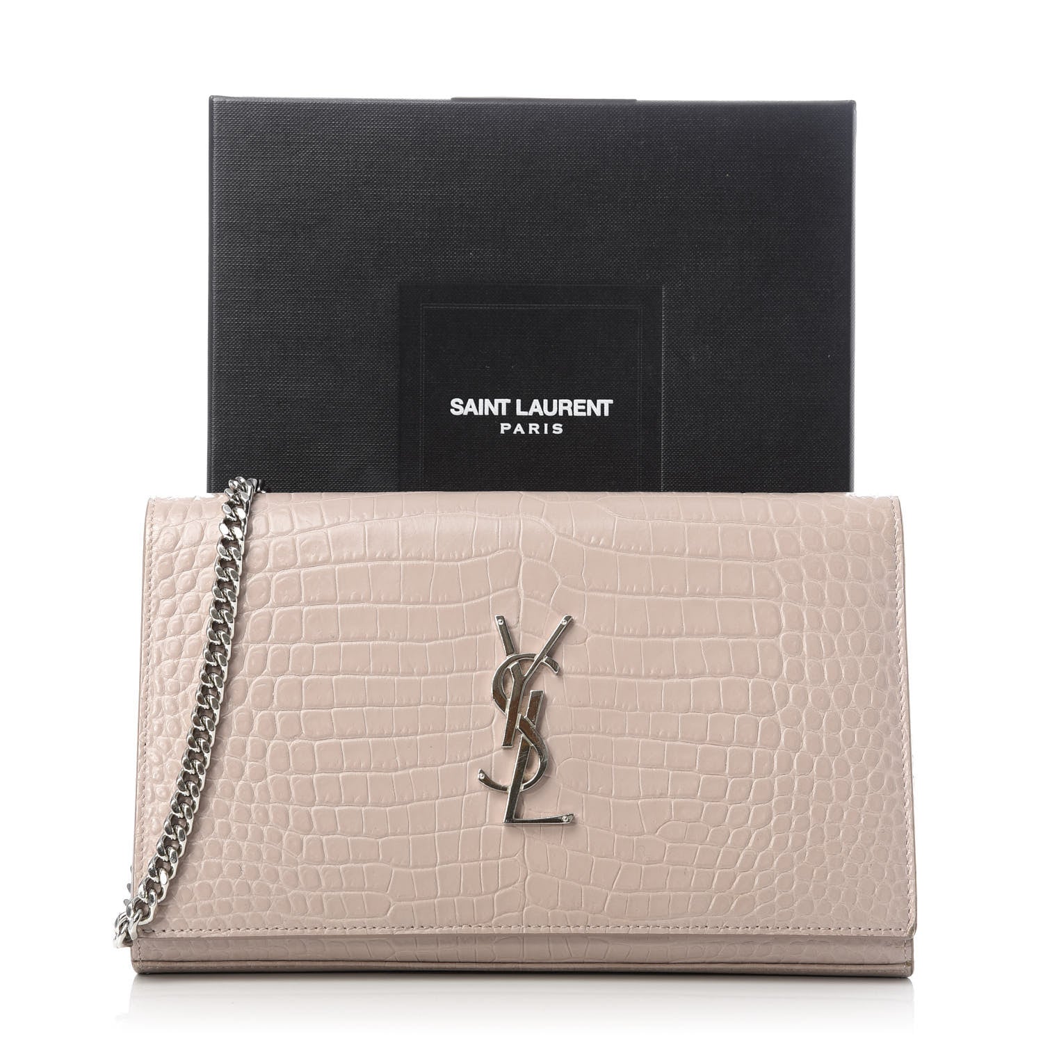 Saint Laurent Calfskin Crocodile Embossed Monogram Chain Wallet Rose Antic 10 of 12