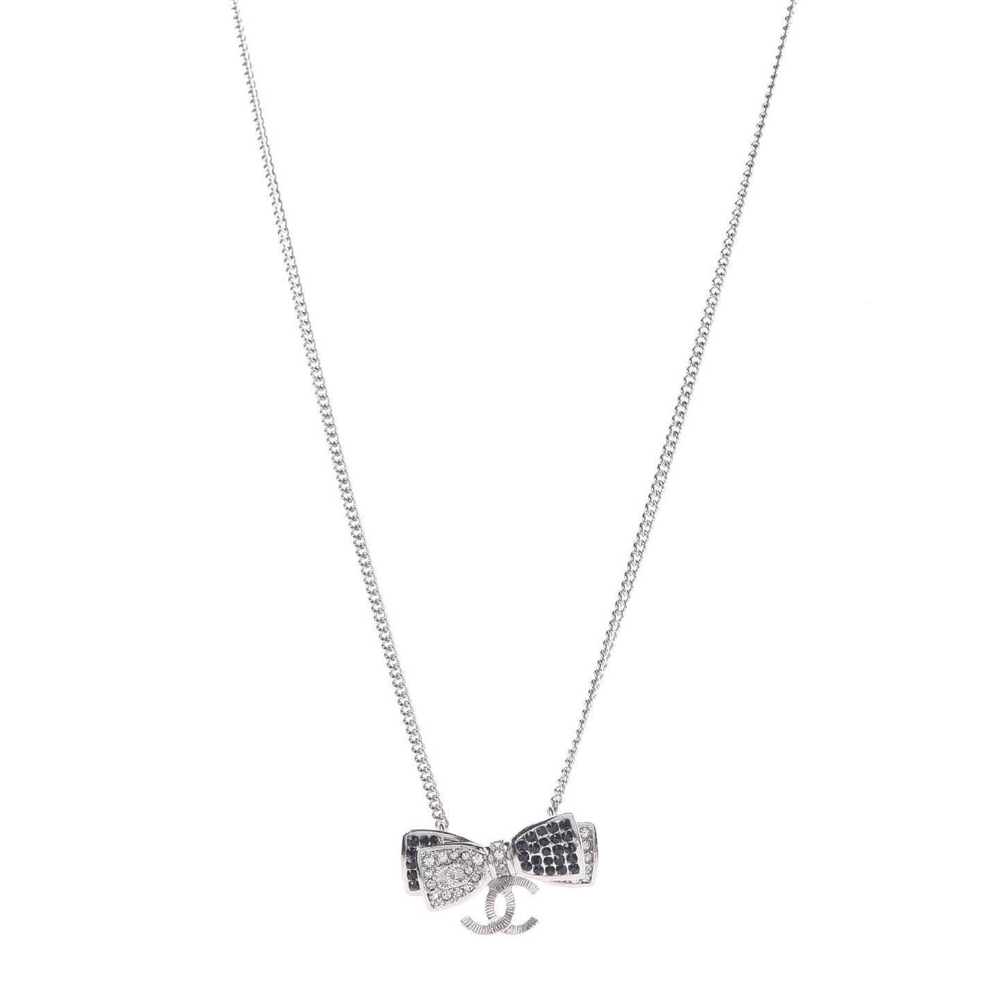 Crystal CC Bow Necklace Silver Black