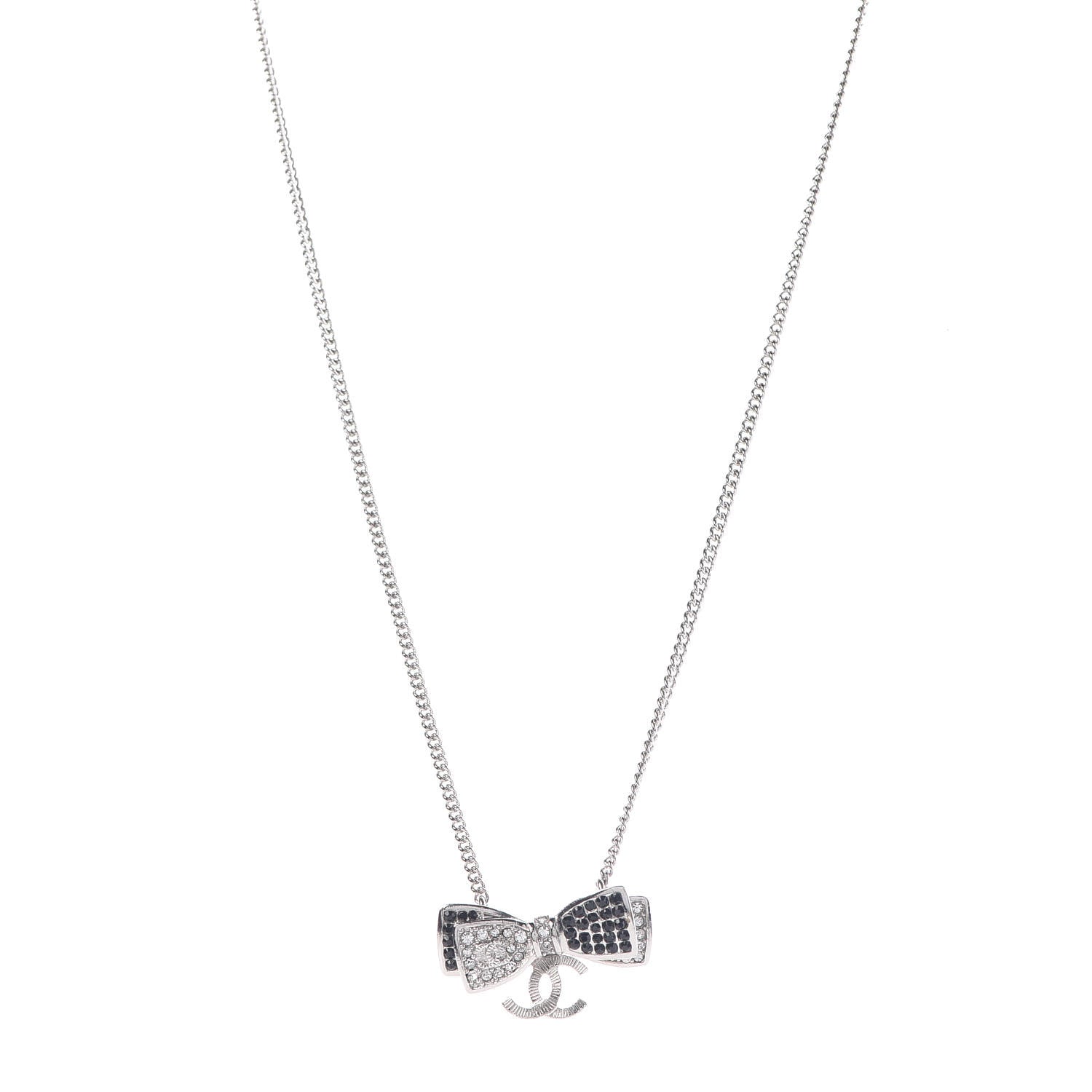 Chanel Crystal CC Bow Necklace Silver Black 1 of 5