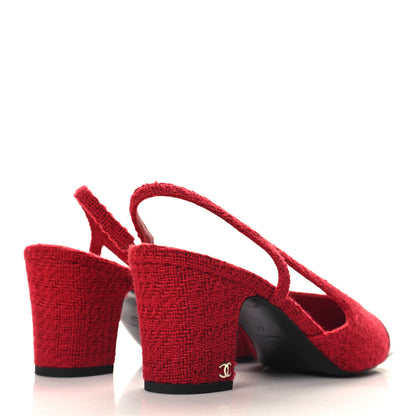 Chanel Tweed Patent Cap Toe CC Slingback Pumps 41 Red Black 5 of 10