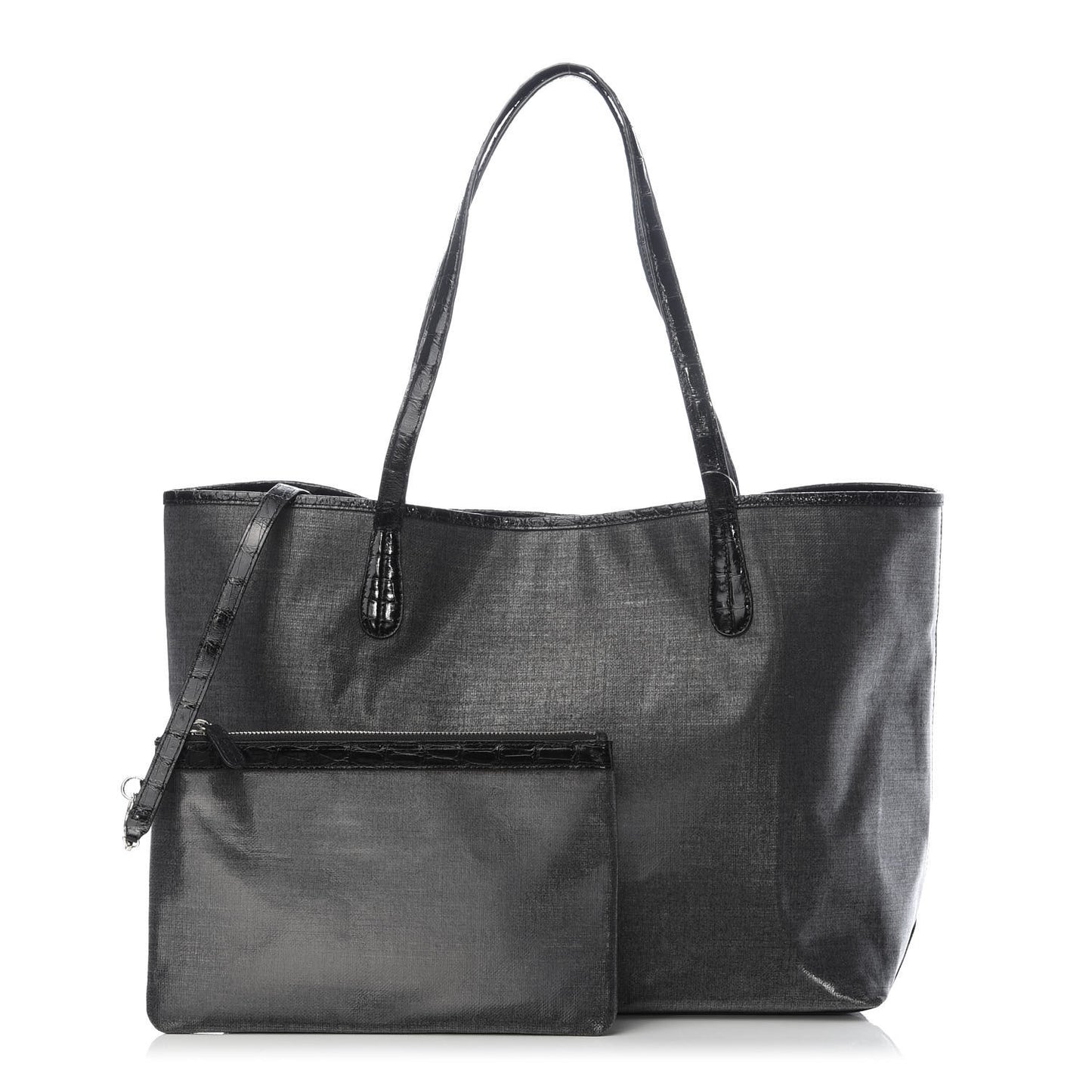 Coated Linen Crocodile Medium Erica Shopper Tote Black