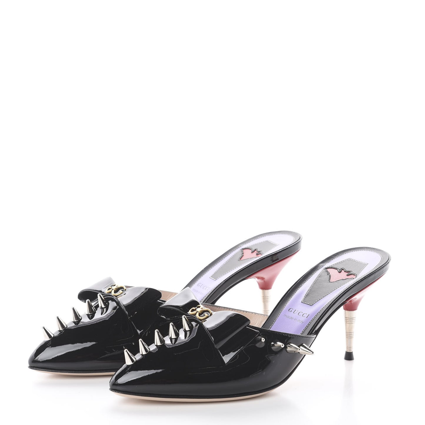 Patent GG Bow Sadie Spike Mid Heel Mules 37.5 Black